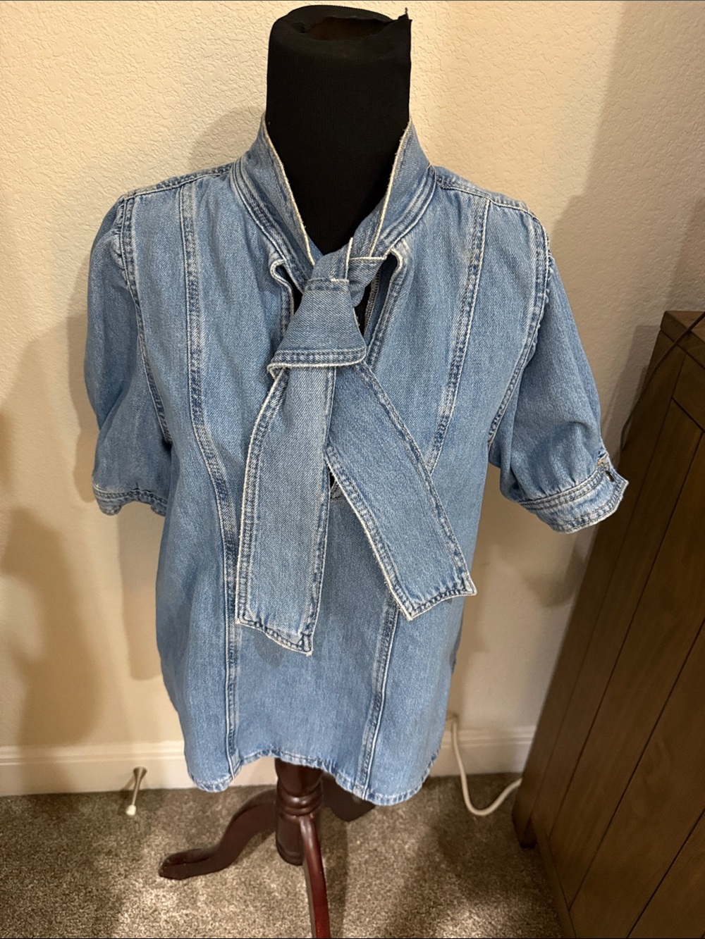Zara Light Blue Denim Tie-Neck Blouse